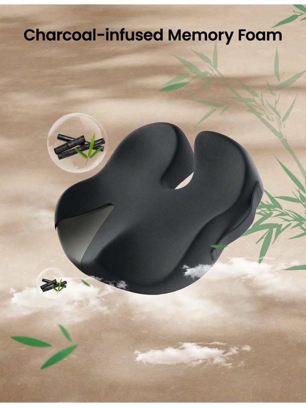 Ergonomic Charcoal-Infused Memory Foam Seat Cushion - Black